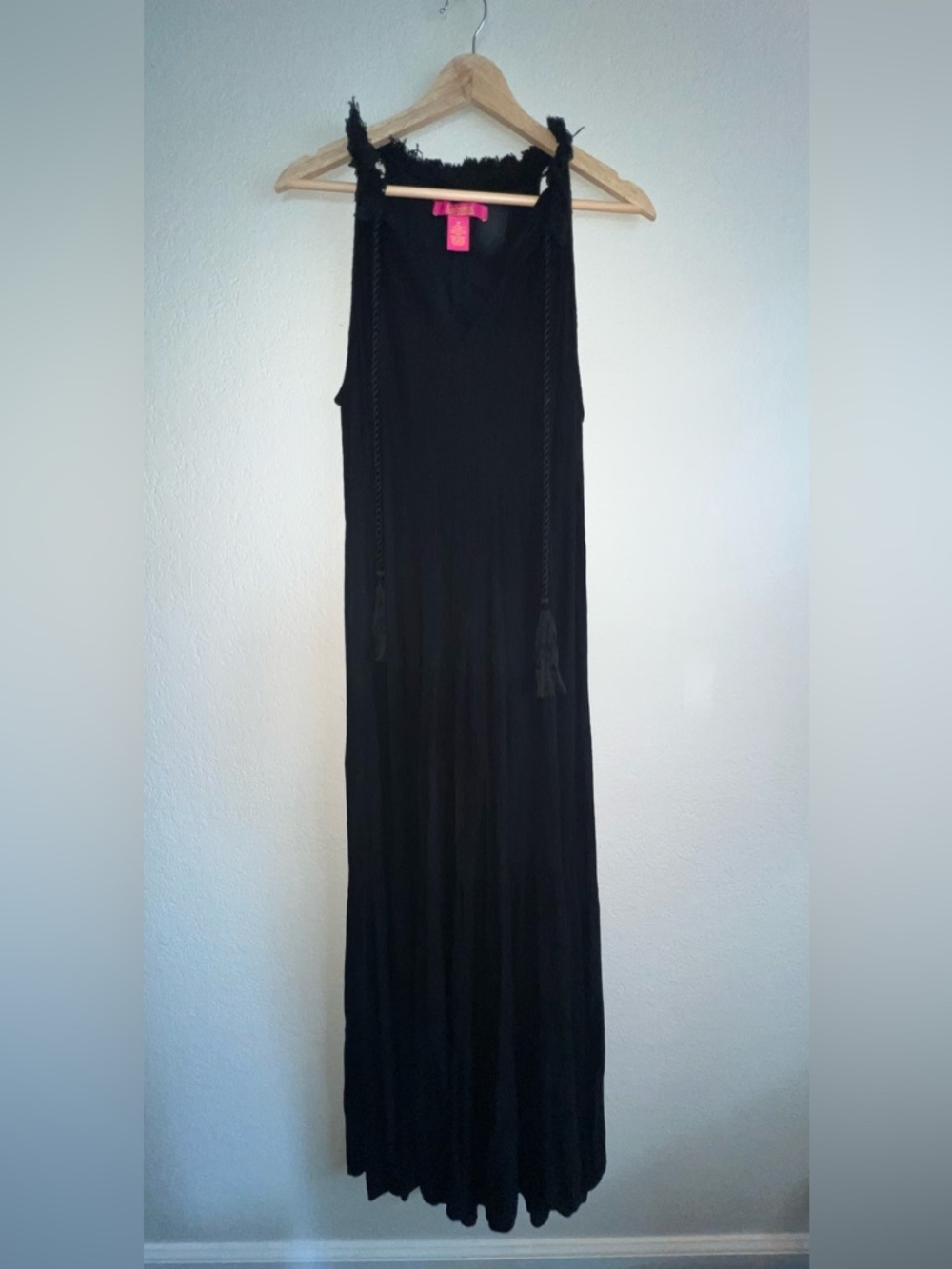 Catherine Malandrino Black Fringe Tassel Boho Maxi Dress Medium Black